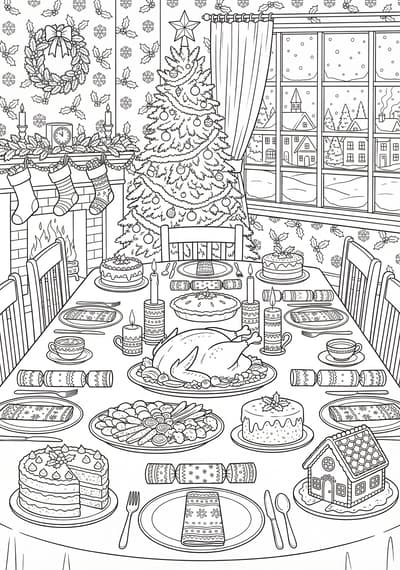Detailed festive Christmas table coloring page for kids age 9-10