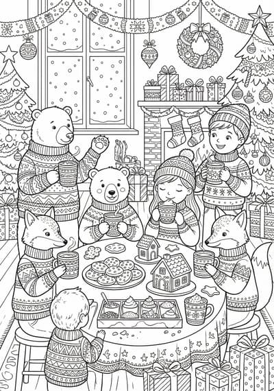 Detailed hot cocoa party coloring page for kids age 9-10
