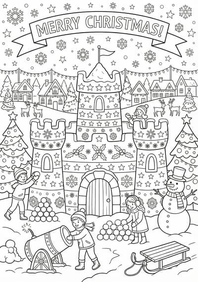 Detailed snow fort Christmas coloring page for kids age 9-10