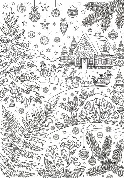 Detailed winter garden Christmas coloring page for kids age 9-10