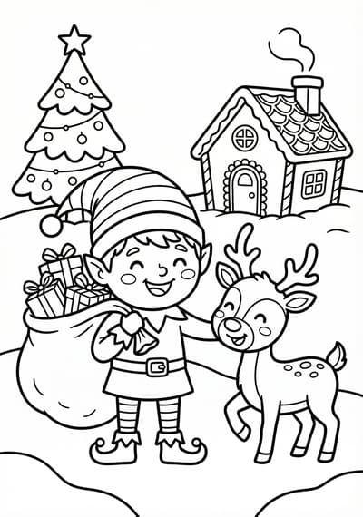 Elf with toy Christmas coloring page for kids age 6-8