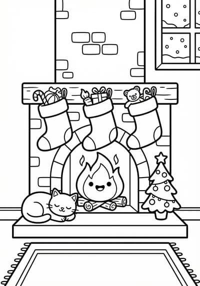 Fireplace and stocking Christmas coloring page for kids age 6-8