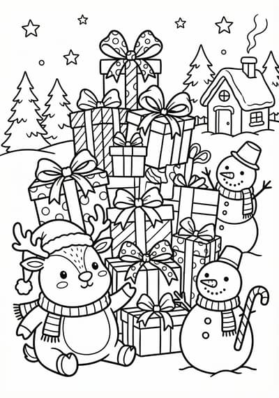 Gift pile with ribbon Christmas coloring page for kids age 6-8