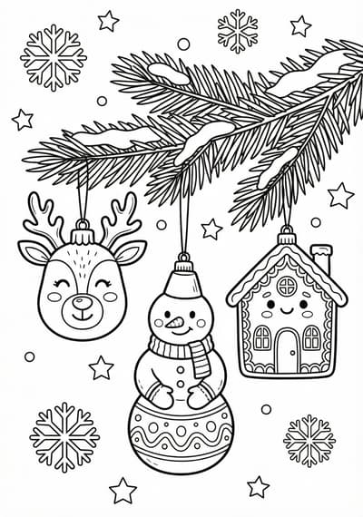 Christmas ornaments on branch coloring page for kids age 6-8