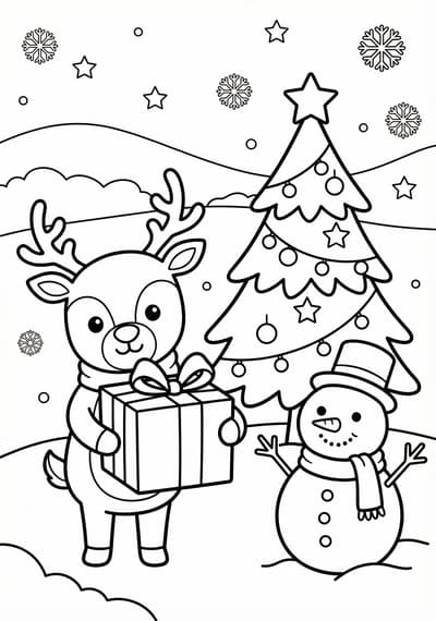 Reindeer with present Christmas coloring page for kids age 6-8