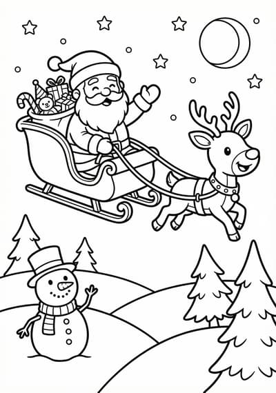 Santa in sleigh Christmas coloring page for kids age 6-8