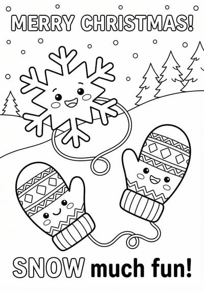 Snowflake and mittens Christmas coloring page for kids age 6-8