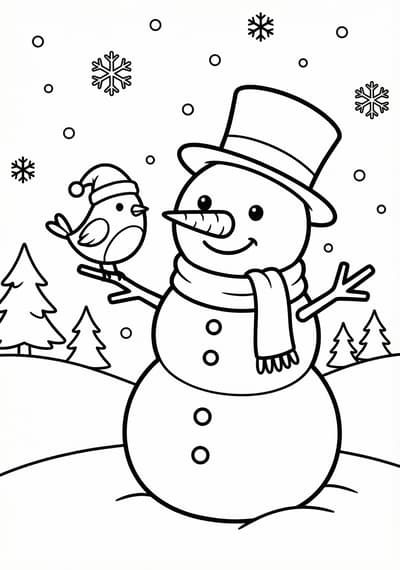 Snowman and bird Christmas coloring page for kids age 6-8