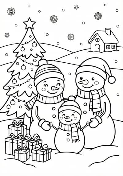 Snowman family Christmas coloring page for kids age 6-8