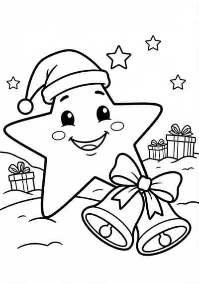 Star and bells Christmas coloring page for kids age 6-8