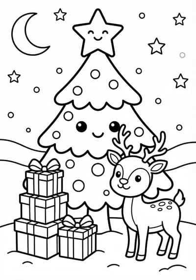 Christmas tree with star coloring page for kids age 6-8