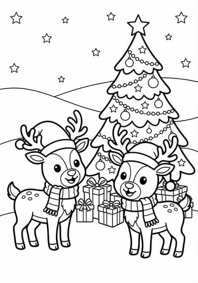 Two reindeer Christmas coloring page for kids age 6-8