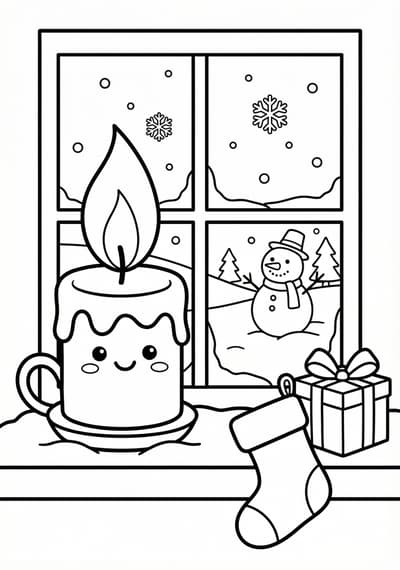 Snowy window and candle Christmas coloring page for kids age 6-8