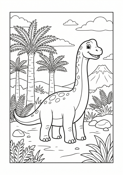Brachiosaurus with trees dinosaur coloring page for kids age 6-8
