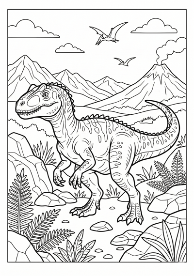 Detailed Allosaurus among rocks and ferns dinosaur coloring page for kids age 9-10