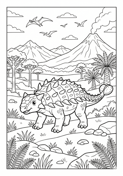 Detailed Ankylosaurus on prehistoric plains dinosaur coloring page for kids age 9-10
