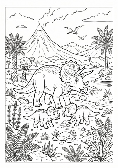 Detailed dinosaur family prehistoric scene coloring page for kids age 9-10