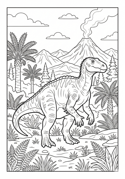 Detailed Iguanodon in meadow scene dinosaur coloring page for kids age 9-10