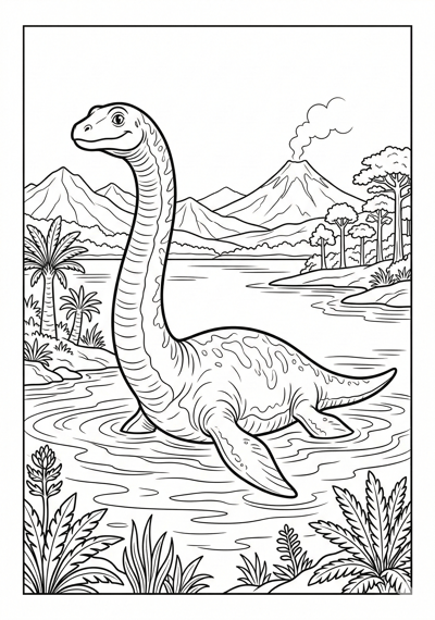 Detailed Plesiosaur in lake scene dinosaur coloring page for kids age 9-10