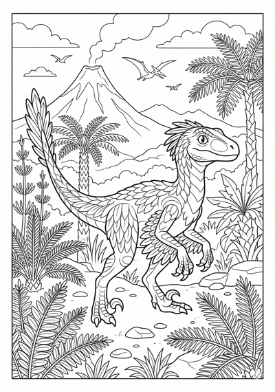 Detailed Velociraptor in prehistoric jungle dinosaur coloring page for kids age 9-10
