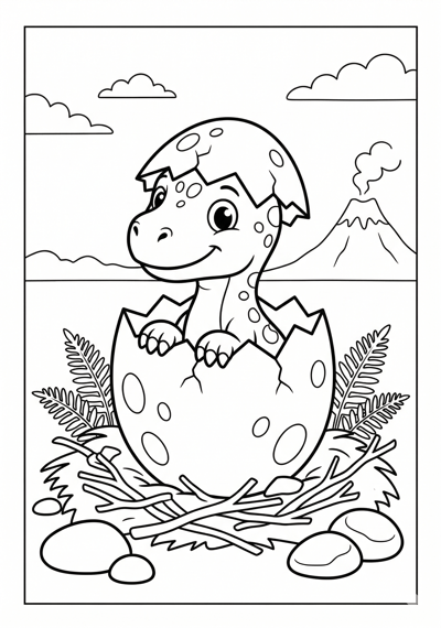 Dinosaur egg hatching coloring page for kids age 6-8