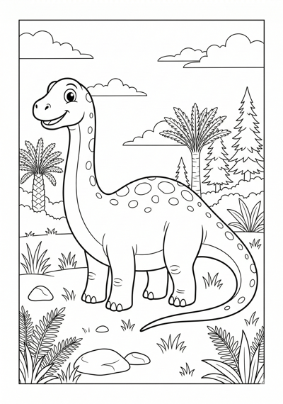 Diplodocus in meadow dinosaur coloring page for kids age 6-8