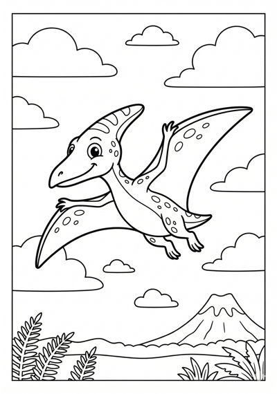 Pterodactyl and clouds dinosaur coloring page for kids age 6-8