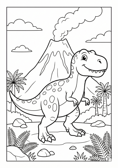 T-Rex with volcano dinosaur coloring page for kids age 6-8