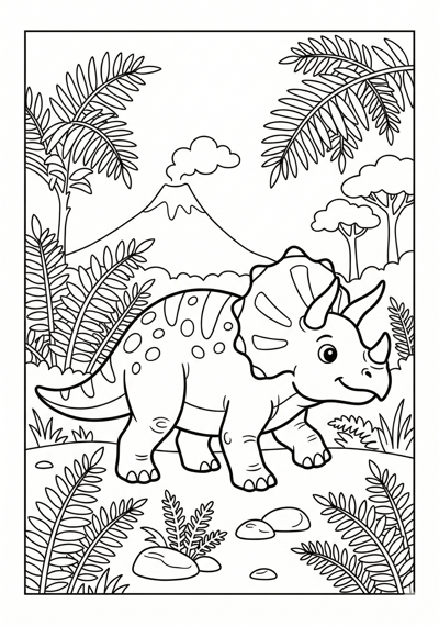 Triceratops in ferns dinosaur coloring page for kids age 6-8