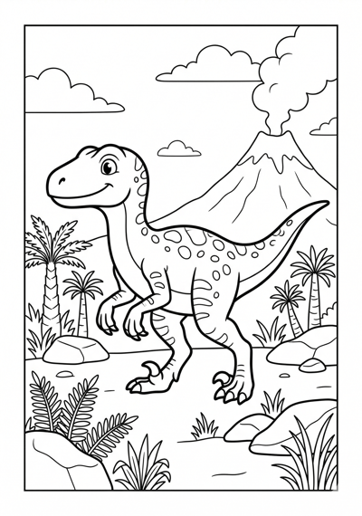 Velociraptor in prehistoric scene dinosaur coloring page for kids age 6-8