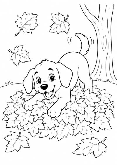 Cute dog playing in large autumn leaves printable coloring page for kids ages 6-8