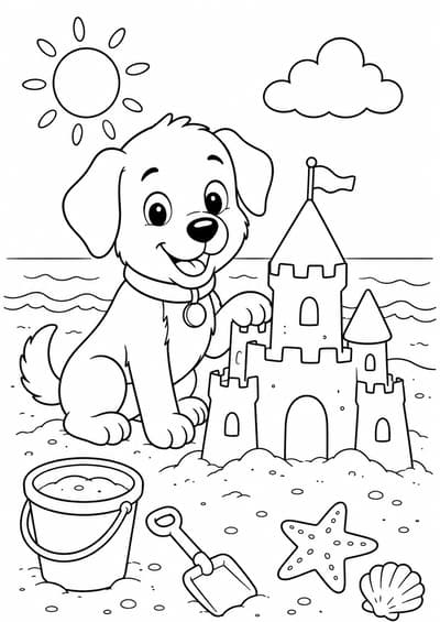 Cute dog beside a beach sandcastle printable coloring page for kids ages 6-8
