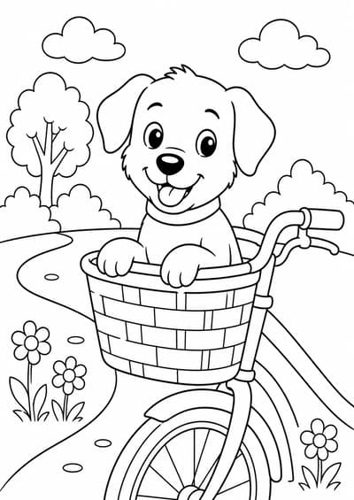 Cute dog riding in a bicycle basket printable coloring page for kids ages 6-8