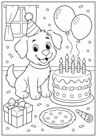 Cute dog celebrating by a birthday cake printable coloring page for kids ages 6-8