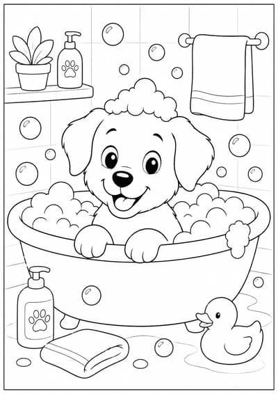 Cute dog enjoying a gentle bubble bath printable coloring page for kids ages 6-8