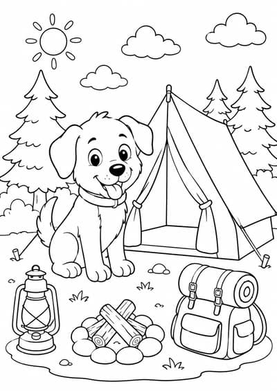 Cute dog camping by a tent printable coloring page for kids ages 6-8