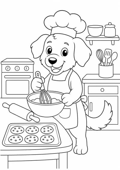 Cute dog chef baking in a simple kitchen printable coloring page for kids ages 6-8