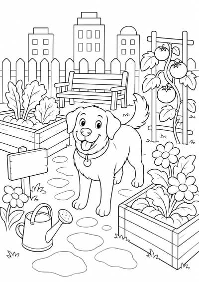 Moderately detailed dog in a city community garden printable coloring page for kids ages 9-10