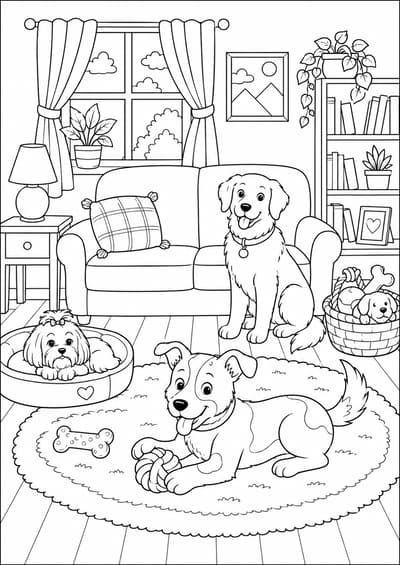 Moderately detailed dogs in a cozy living room printable coloring page for kids ages 9-10