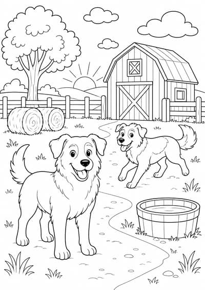 Moderately detailed farm dogs in a morning farmyard printable coloring page for kids ages 9-10