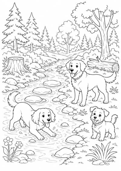 Moderately detailed dogs by a forest creek printable coloring page for kids ages 9-10
