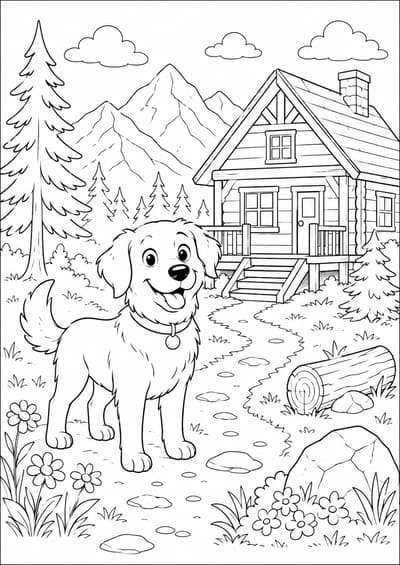 Moderately detailed dog at a mountain cabin printable coloring page for kids ages 9-10