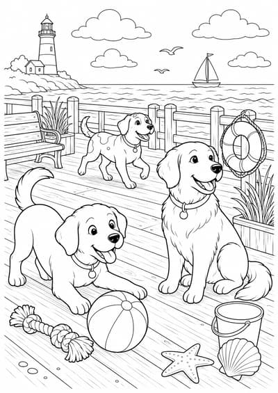 Moderately detailed dogs on a seaside boardwalk printable coloring page for kids ages 9-10