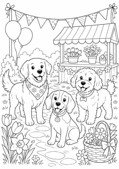 Moderately detailed generic dogs at a spring festival printable coloring page for kids ages 9-10