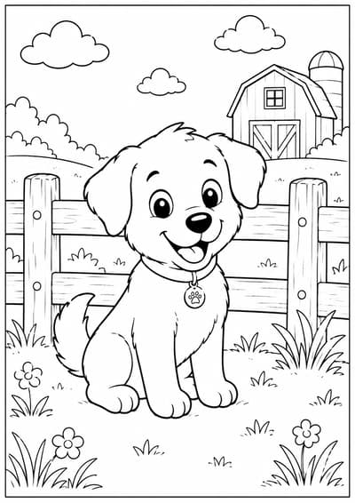 Cute dog by a simple farm fence printable coloring page for kids ages 6-8