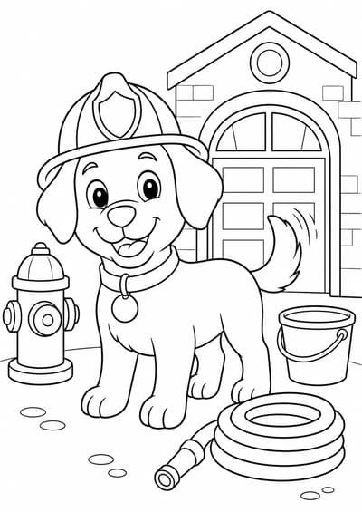 Cute generic dog wearing a firefighter helmet printable coloring page for kids ages 6-8