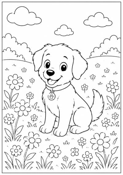 Cute dog in a flower meadow printable coloring page for kids ages 6-8