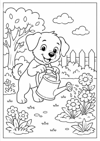 Cute dog by a watering can in the garden printable coloring page for kids ages 6-8