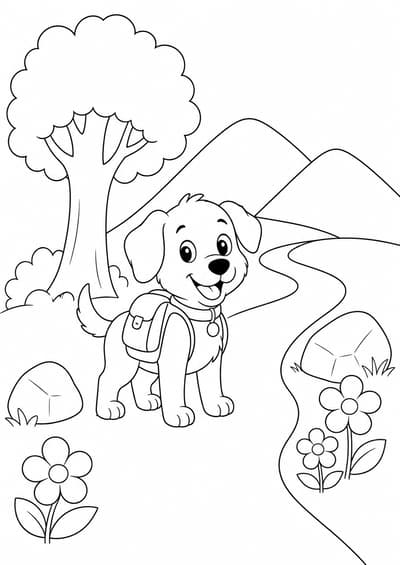 Cute dog on a simple hiking trail printable coloring page for kids ages 6-8