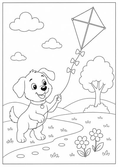Cute dog flying a kite outdoors printable coloring page for kids ages 6-8
